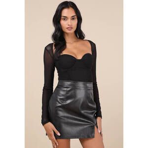 Lulus Coy Cutie Black Mesh Bustier Long Sleeve Crop Top - Size S